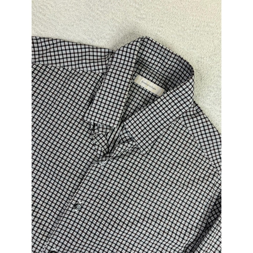 Ermenegildo Zegna Shirt Mens XL Black White Check Made‎ in Italy Long Sleeve